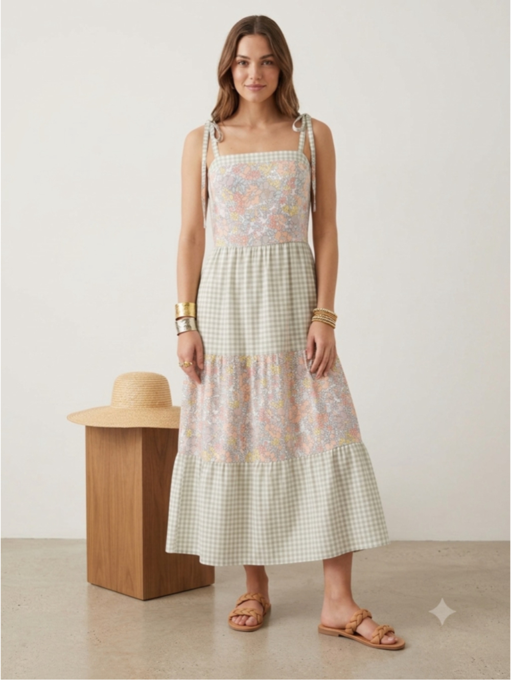Abby & Evie Floral Gingham Tiered Maxi Dress Medium Cottagecore Summer Tie Strap